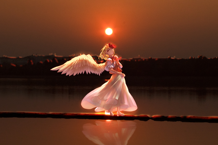 1girl, azzurra_stellare, baby_animal, backlighting, bird, blonde_hair, blurry, blurry_background