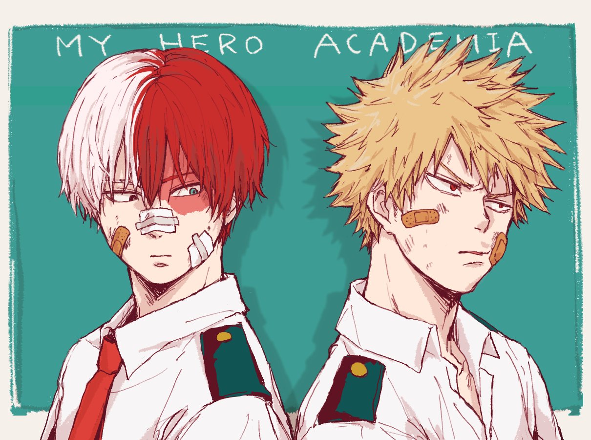 2boys, bakugou_katsuki, bandaid, bandaid_on_cheek, bandaid_on_face, black_eyes, blonde_hair, blue_eyes
