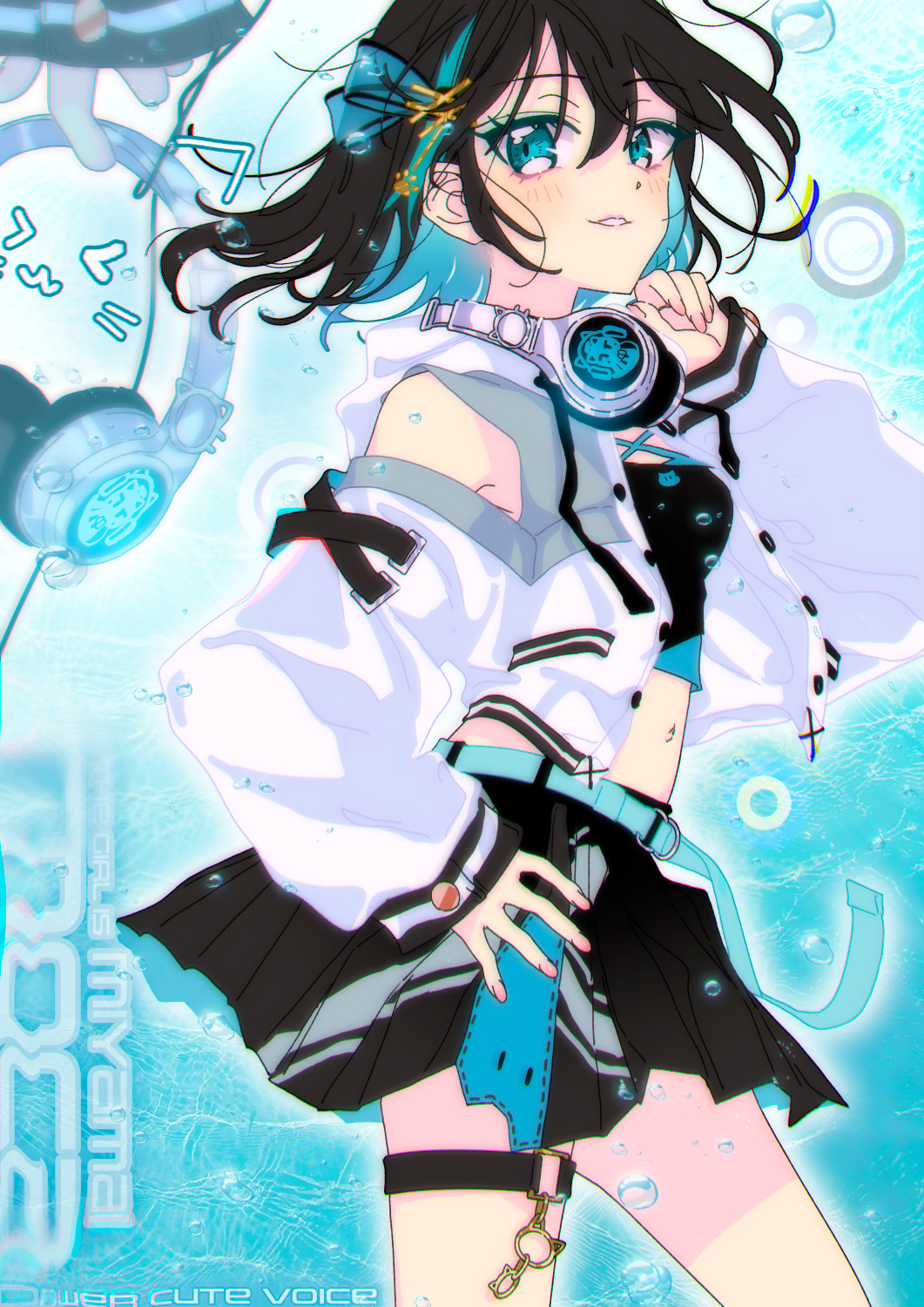 1girl, black_skirt, green_hair, hair_ribbon, headphones, highres, himitsu_(iemaki), hood, hoodie, light_blush, light_smile, miyamai_moca, multicolored_hair, original, ribbon, skirt, thigh_strap, white_hoodie