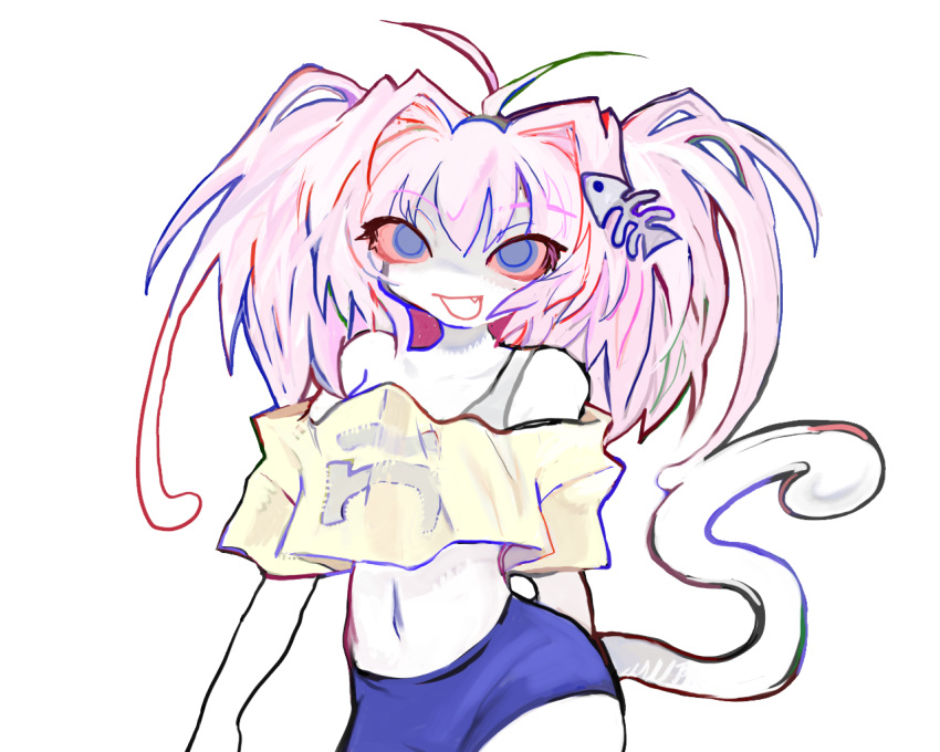 1girl, 8eyes, bloodshot_eyes, blue_shorts, colored_skin, cropped_shirt, fish_skeleton, fish_skeleton_hair_ornament