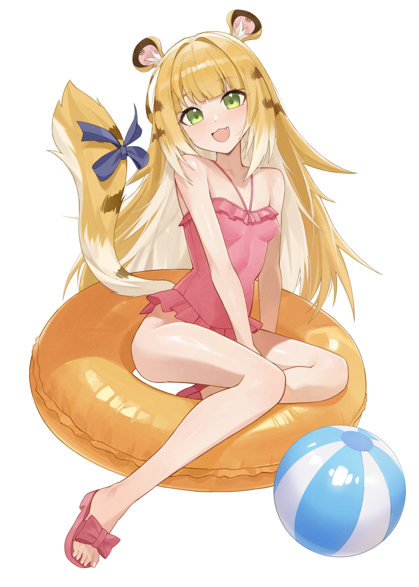 1girl, absurdres, animal_ears, ball, beachball, blonde_hair, fang, green_eyes