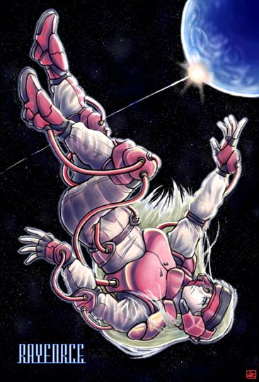 1girl, android, blonde_hair, bodysuit, copyright_name, f-04, fingerless_gloves, gloves