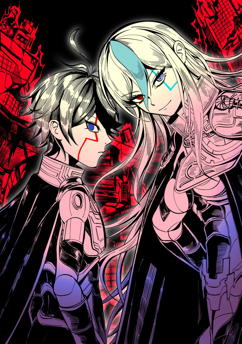 1boy, 1girl, armor, black_streaks, black_tears, blue_eyes, blue_streaks, facial_mark