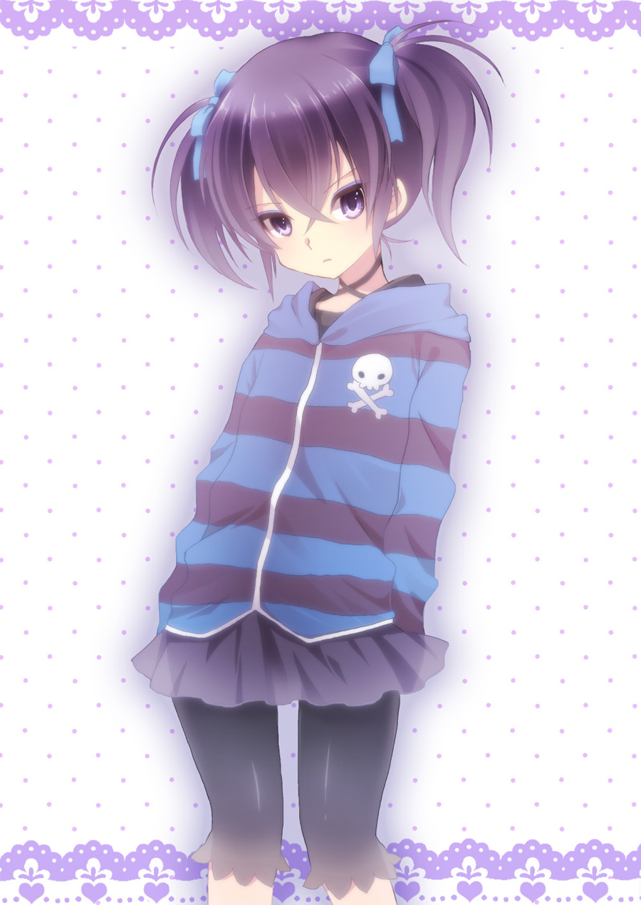 bike_shorts, black_legwear, bow, choker, danball_senki, eyeshadow, hair_bow, highres, hoodie, lavender_eyes, leggings, makeup, meru96, mikage_mika, purple_eyes, purple_hair, short_hair, short_twintails, skirt, skull_and_crossbones, striped, twintails, violet_eyes, yume_(meru)