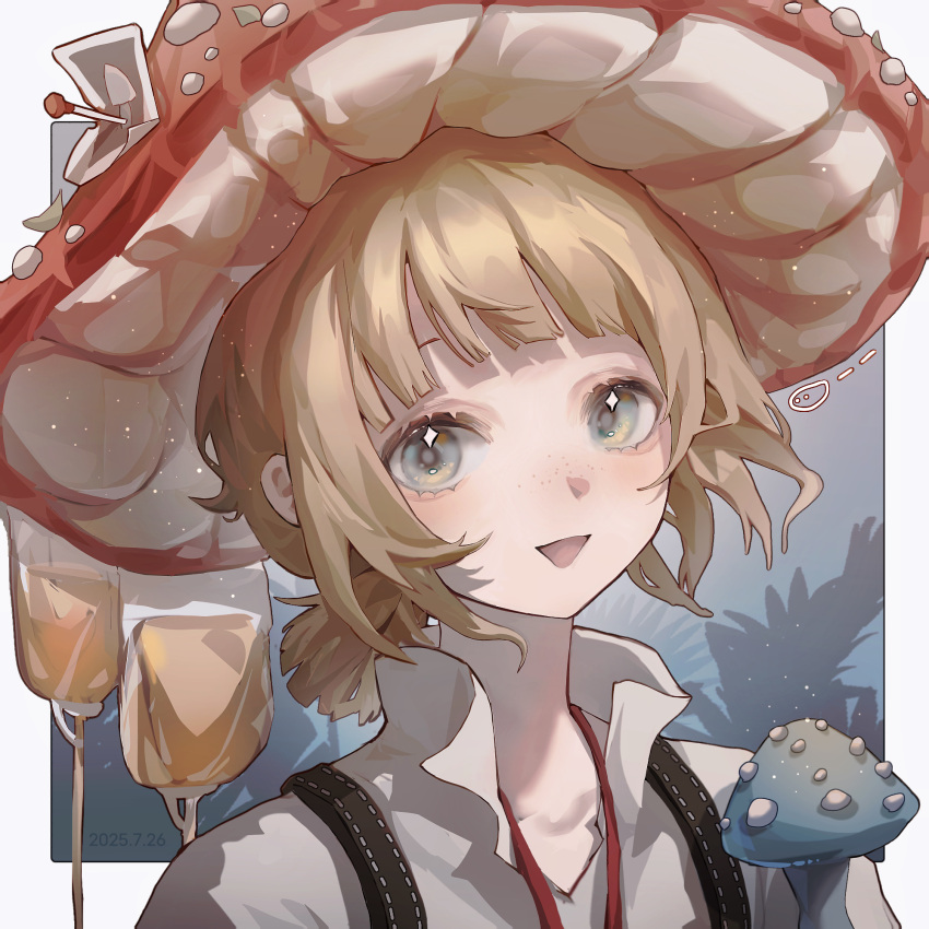 1boy, :d, blonde_hair, blue_background, blue_eyes, border, ezra_theodore, freckles