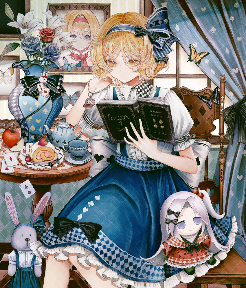 1girl, absurdres, ace_(playing_card), ace_of_clubs, ace_of_diamonds, alice_margatroid, alice_margatroid_(pc-98), apple
