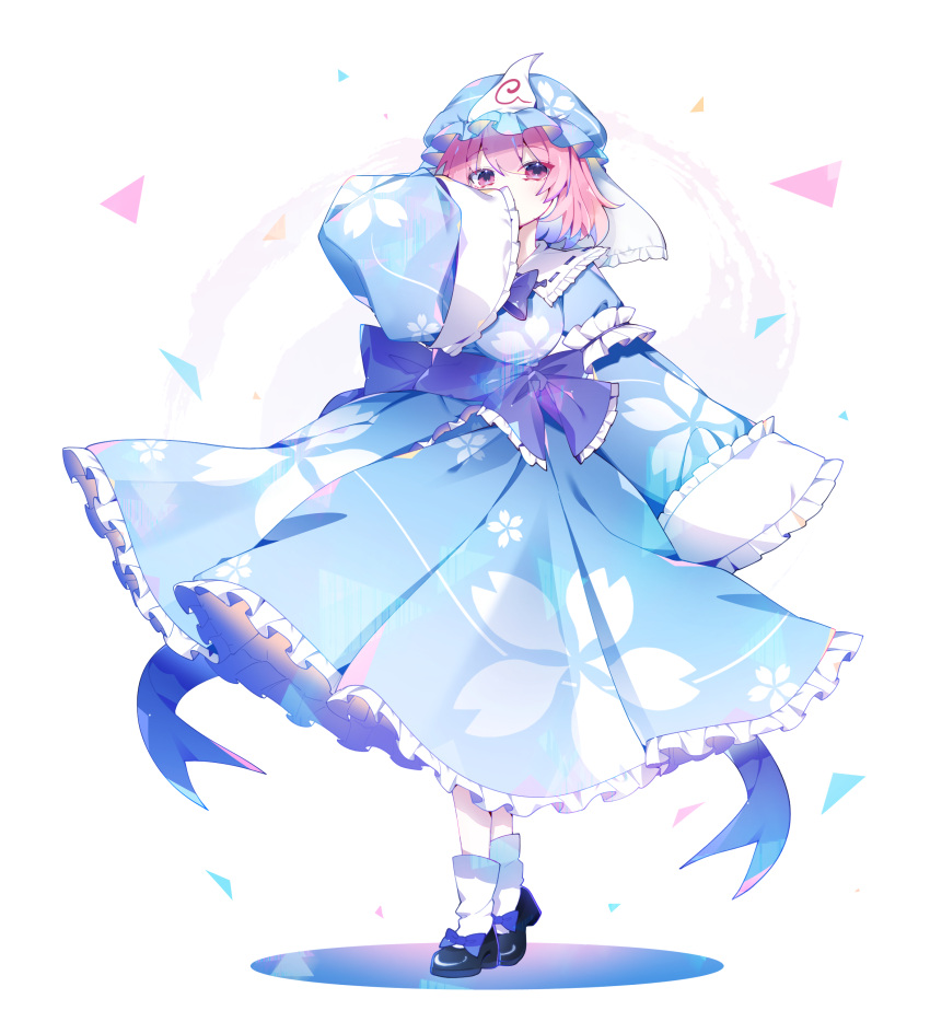 1girl, absurdres, blue_bow, blue_hat, blue_kimono, bow, breasts, commentary