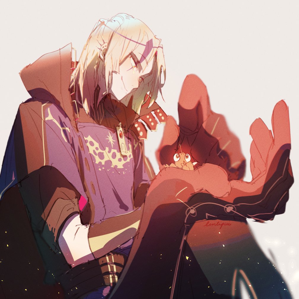 1boy, belt, black_belt, black_cape, blonde_hair, cape, commentary, creature