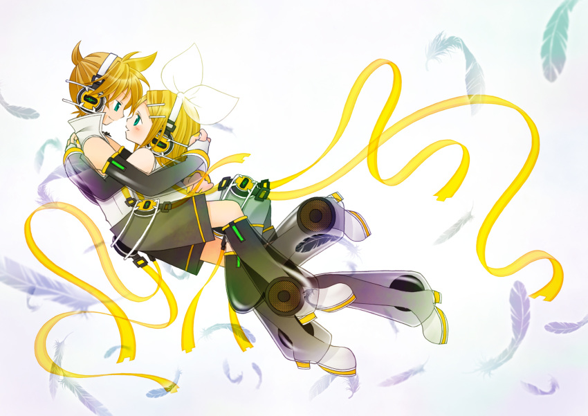 1boy, 1girl, aqua_eyes, arm_gloves, arm_warmers, blonde_hair, blush, boy, boy_and_girl, collar, feather, feathers, female, fingerless_gloves, girl, hair_bow, hairpin, headphones, highres, hug, in_air, kagamine_len, kagamine_len_(append), kagamine_rin, kagamine_rin_(append), leg_warmers, len_append, male, ponytail, popped_collar, ribbon, rin_append, shorts, vest, vocaloid, vocaloid_append