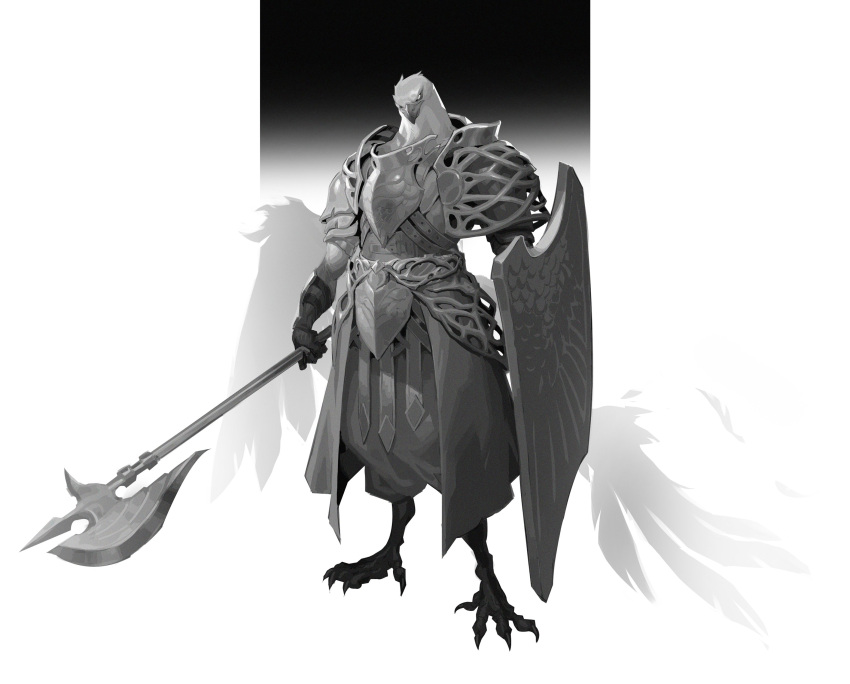 1boy, absurdres, animal_head, armor, beak, bird_boy, bird_legs, bird_wings