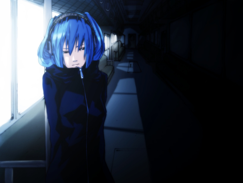 black_clothes, black_eyes, blue_eyes, female, hair_ornament, hatsune_miku, headphones, solo, sweat_shirt, vocaloid