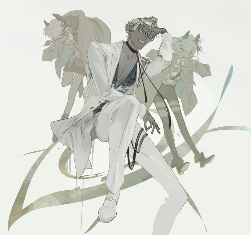 1girl, 2boys, adjusting_eyewear, animal_ears, arm_up, black-framed_eyewear, black_boots, black_choker