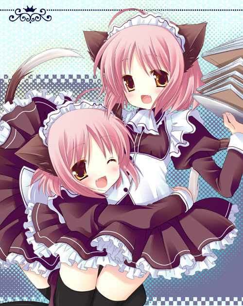ahoge, animal_ears, bent_over, black_legwear, blush, book, cat_ears, cat_tail
