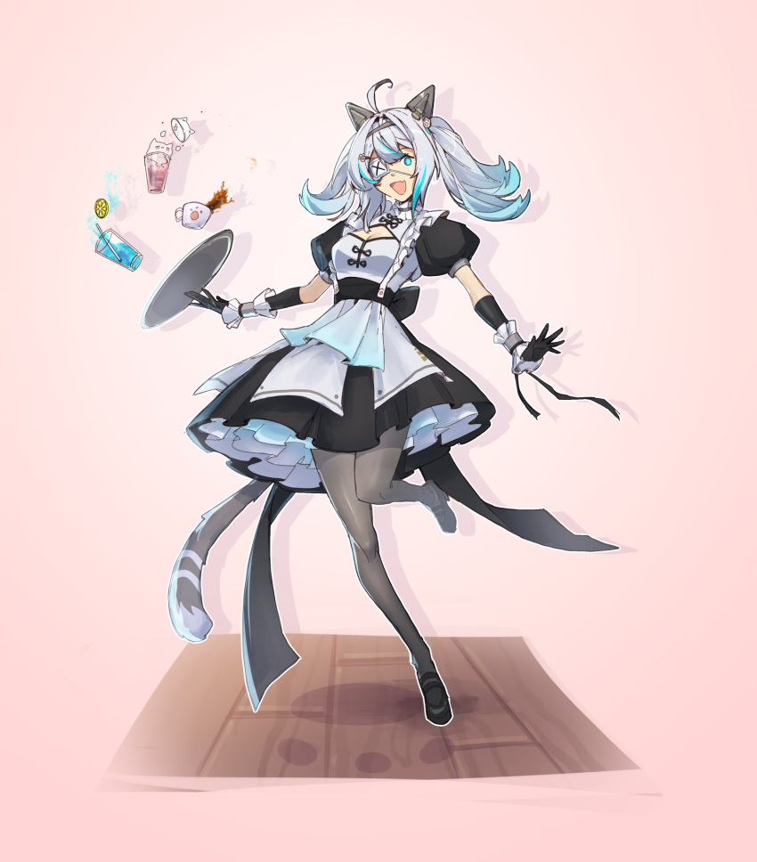 1girl, alternate_costume, animal_ears, black_dress, black_gloves, black_pantyhose, black_shoes, blue_eyes