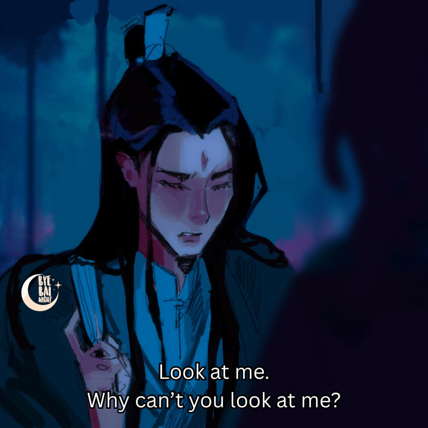 1boy, artist_logo, bindi, biting_own_lip, black_hair, blush, byebainight, chinese_clothes