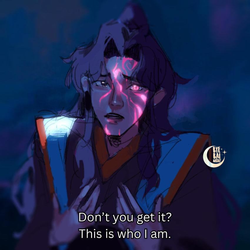 1boy, artist_logo, black_hair, black_hanfu, byebainight, chinese_clothes, crescent, curtained_hair