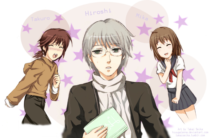 1girl, 2boys, ao_oni, brown_hair, closed_eyes, deviantart, female, glasses