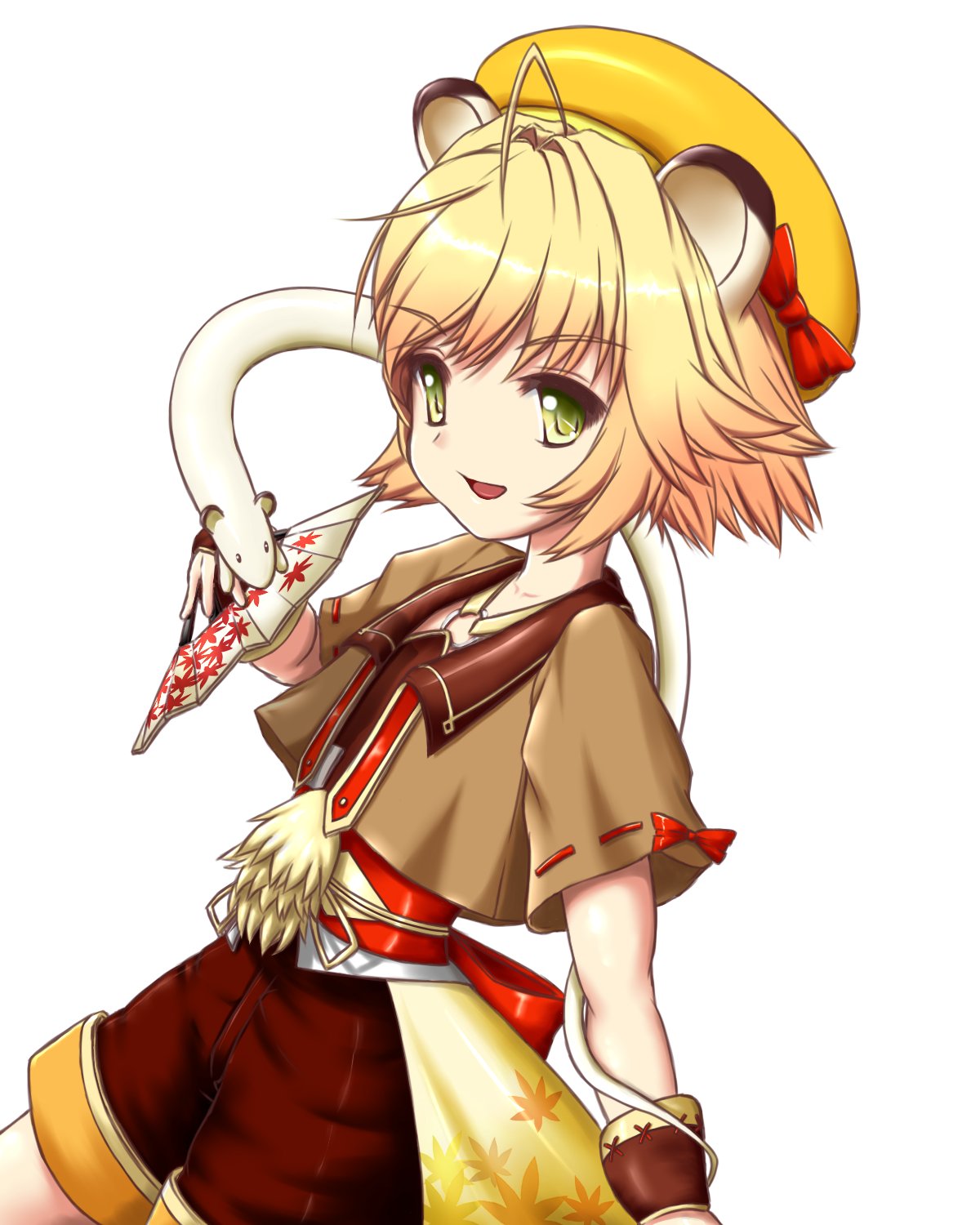 1boy, ahoge, animal_ears, belt, beret, blonde_hair, emil_chronicle_online, folding_fan
