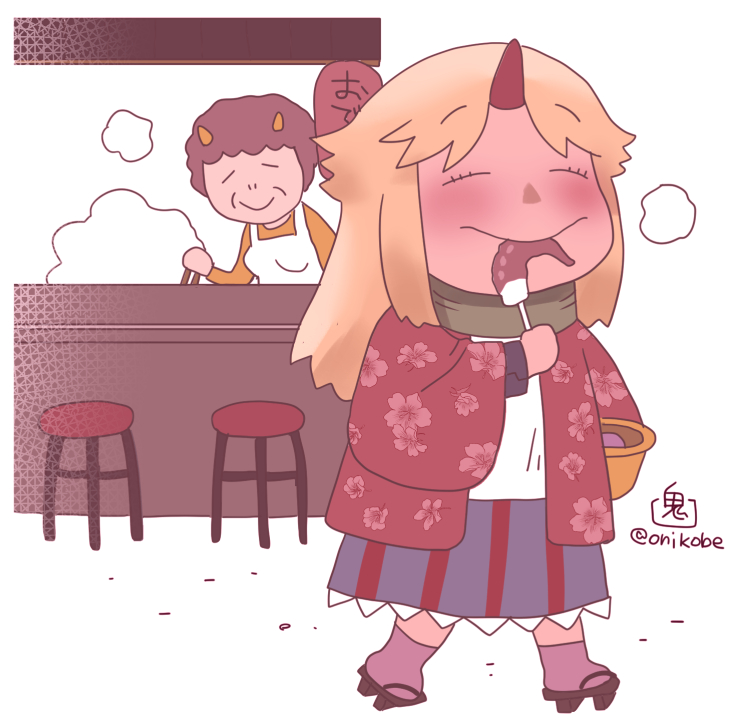 2girls, black_sandals, blonde_hair, brown_hair, closed_eyes, closed_mouth, commentary_request, counter