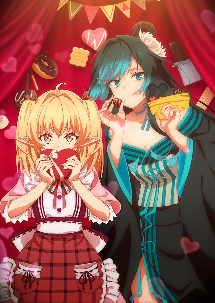 2girls, anime_coloring, apron, aqua_choker, bare_shoulders, black_hair, black_kimono, blonde_hair