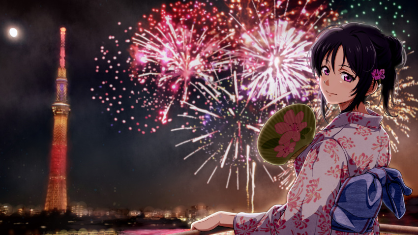 1girl, aerial_fireworks, back_bow, black_hair, bow, closed_mouth, fireworks, fukuro_ooji