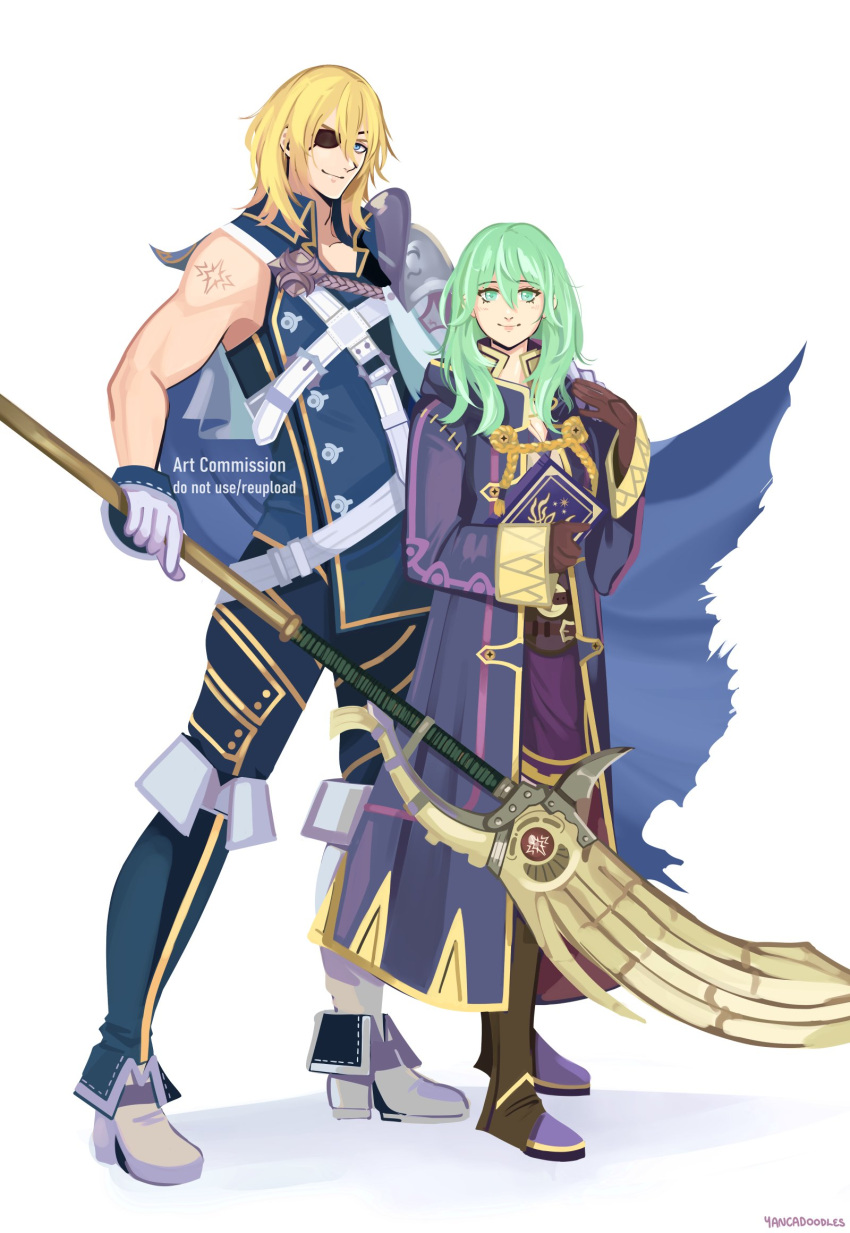 1boy, 1girl, blonde_hair, blue_pants, blue_shirt, book, boots, brown_boots, brown_gloves, chrom_(fire_emblem), chrom_(fire_emblem)_(cosplay), closed_mouth, collarbone, commission, cosplay, dimitri_alexandre_blaiddyd, dimitri_alexandre_blaiddyd_(timeskip), english_text, eyepatch, female_byleth_(enlightened)_(fire_emblem), female_byleth_(fire_emblem), female_robin_(fire_emblem), female_robin_(fire_emblem)_(cosplay), fire_emblem, fire_emblem:_three_houses, fire_emblem_awakening, full_body, gloves, green_eyes, green_hair, highres, holding, holding_book, hooded_robe, house, open_clothes, open_robe, pants, purple_robe, robe, shirt, smile, standing, white_boots, white_gloves, yancadoodles