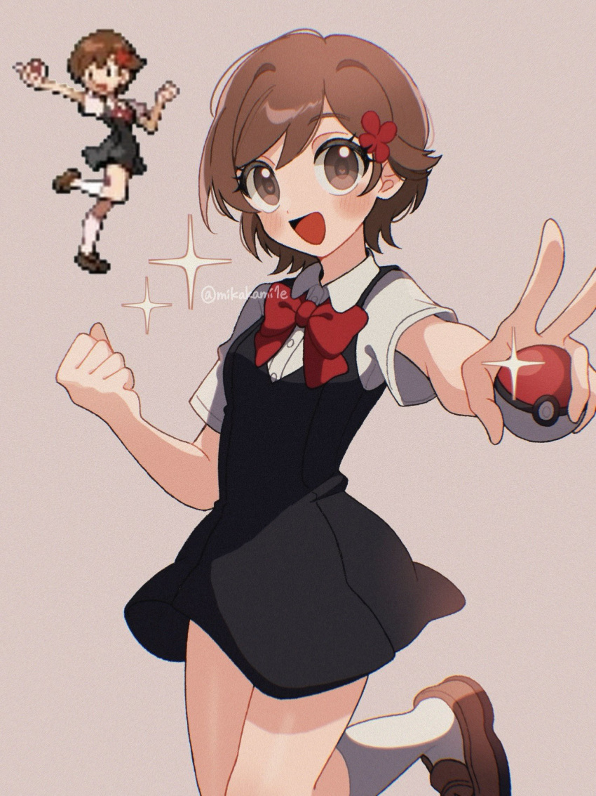 1girl, black_dress, blush, bow, brown_eyes, dress, hair_bow, hair_ornament, highres, holding, holding_poke_ball, lass_(pokemon), lass_(pokemon_hgss), mikakami1e, open_mouth, poke_ball, poke_ball_(basic), pokemon, pokemon_hgss, red_bow, ribbon, school_uniform, shirt, short_hair, smile, socks, white_shirt, white_socks