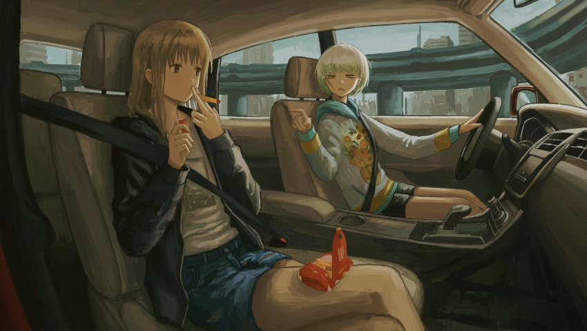 2girls, black_jacket, black_shorts, blue_shorts, brown_hair, car_interior, city, colored_tips