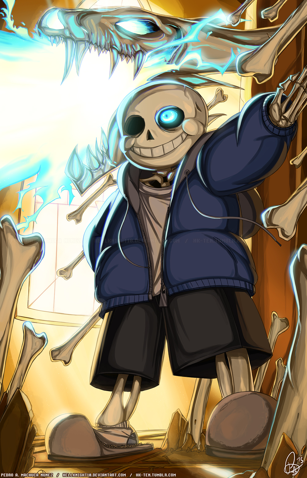 1boy, 2015, 2d, arm_up, artist_name, black_shorts, blue_jacket, deviantart_username