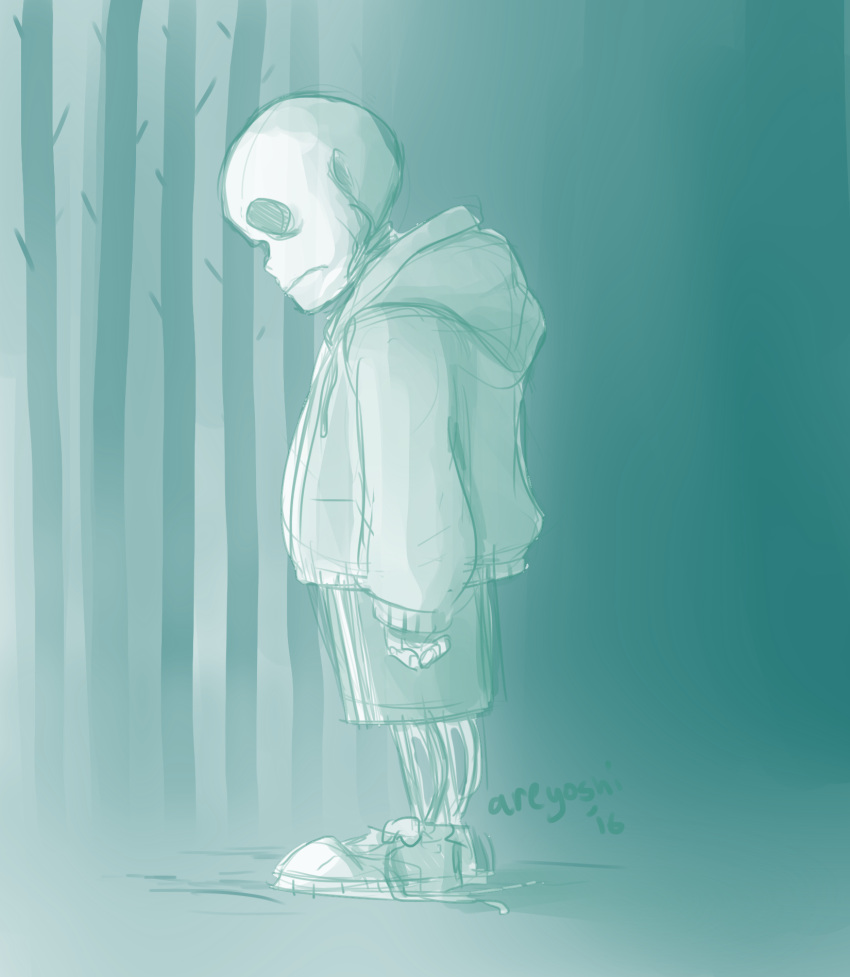 1boy, 2016, 2d, aqua_background, aqua_theme, areyoshi, arms_at_side, despair