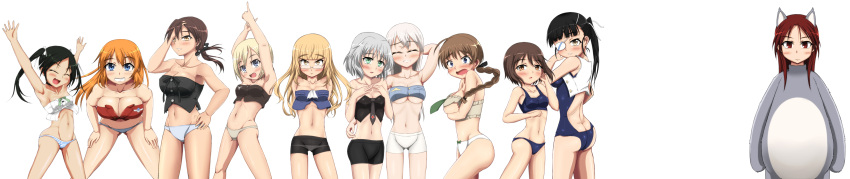 501st_joint_fighter_wing, 6+girls, absurdres, armpits, arms_up, bike_shorts, black_hair, blonde_hair