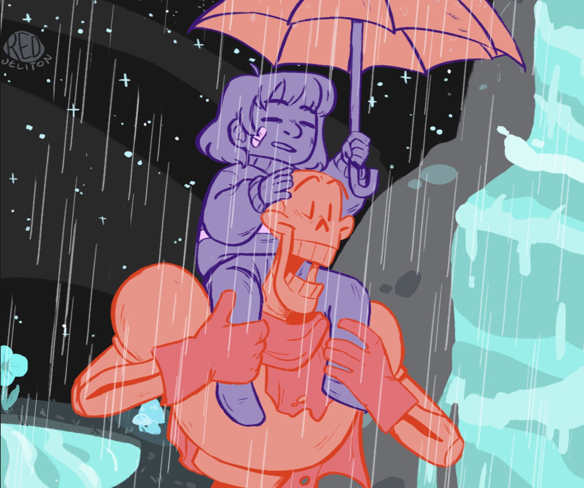 1boy, 1other, 2020, 2d, ambiguous_gender, armor, artist_logo, artist_name, bandaid, bandaid_on_face, cape, carrying, carrying_person, cave, digital_media, duo, frisk_(undertale), gloves, highres, holding, holding_umbrella, horizontal-striped_clothes, horizontal-striped_sweater, human, humanoid, male, monochrome, monster, monster_boy, pants, papyrus_(undertale), rain, redjeliton, shoes, short_hair, shoulder_carry, skeleton, striped_clothes, striped_sweater, sweater, teeth, umbrella, undead, undertale, utdr_(toby_fox)