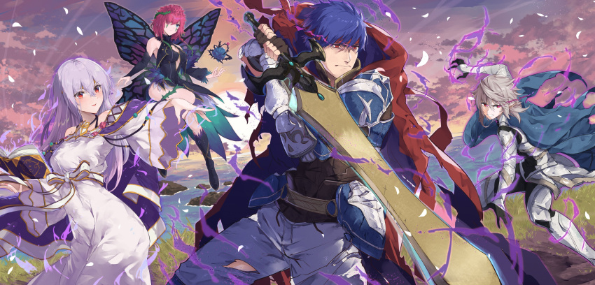 2boys, 2girls, absurdres, aura, blue_hair, book, butterfly_wings, commission