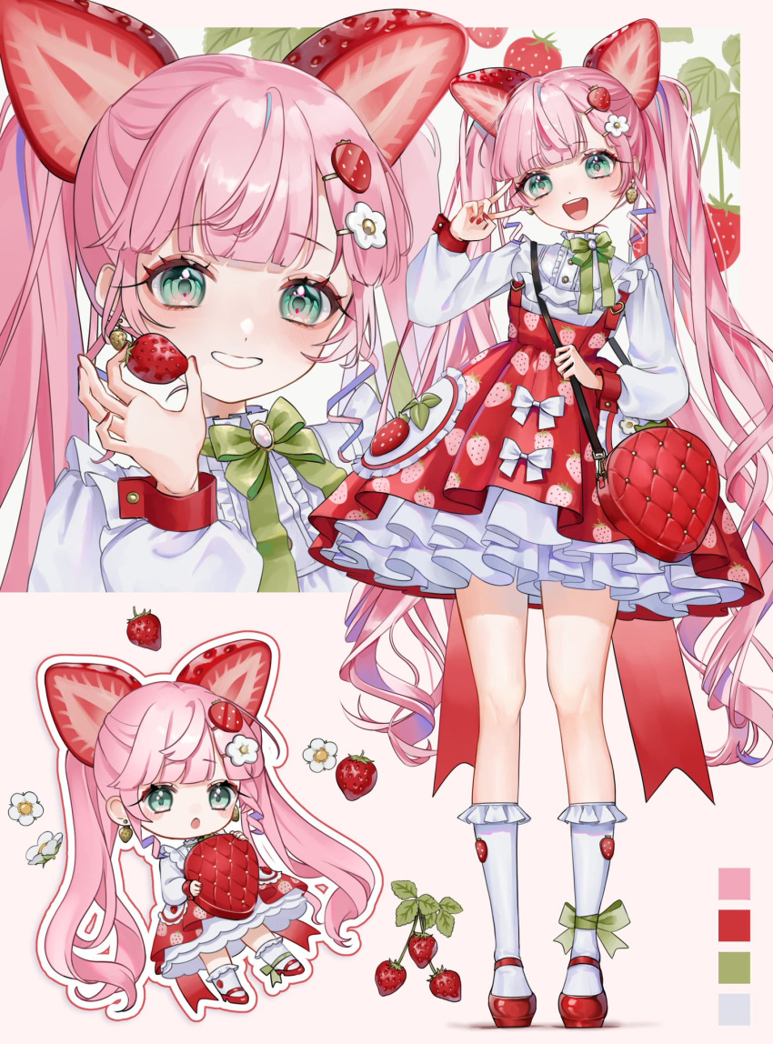 1girl, ankle_bow, bag, block_heels, bow, buttons, chibi, commentary
