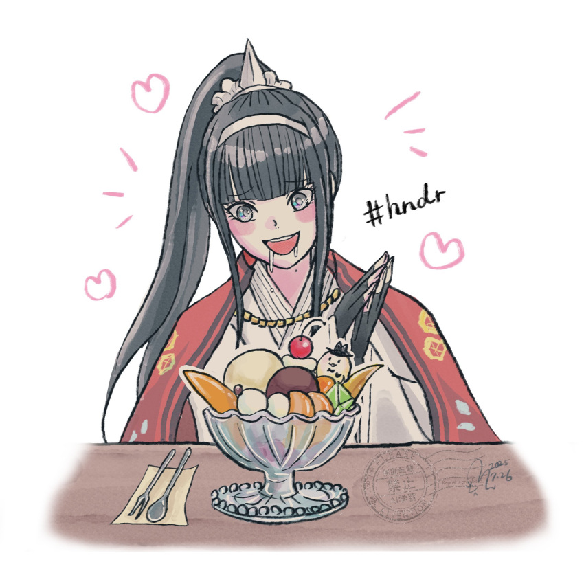 1girl, black_gloves, black_hair, blush, bowl, cape, character-themed_food, cherry