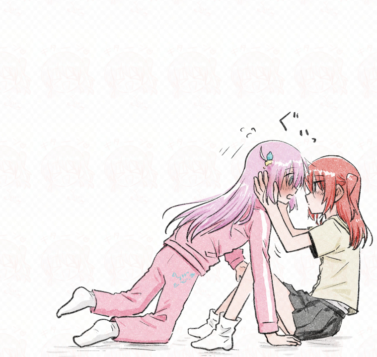 2girls, all_fours, black_skirt, blue_eyes, blush, bocchi_the_rock!, commentary_request, cube_hair_ornament, gotoh_hitori, hair_ornament, hand_on_another's_face, jacket, kita_ikuyo, kurage_modoki, long_hair, looking_at_another, multiple_girls, one_side_up, open_mouth, pants, pink_hair, pink_jacket, pink_pants, pleated_skirt, red_hair, school_uniform, shirt, shuka_high_school_uniform, simple_background, sitting, skirt, socks, track_jacket, white_background, white_socks, yellow_shirt, yuri