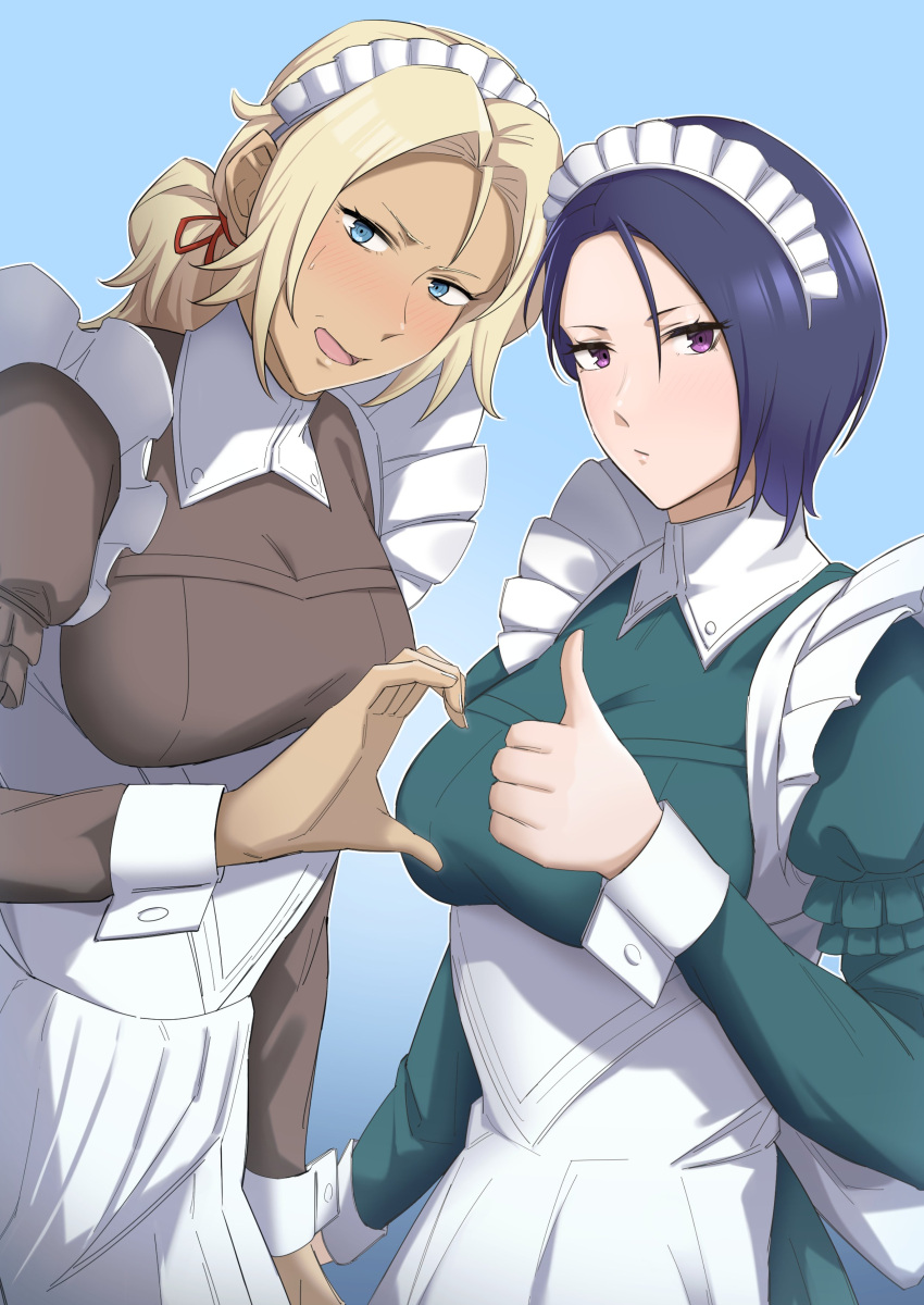 2girls, absurdres, apron, blonde_hair, blue_eyes, blue_hair, blush, breasts, catherine_(fire_emblem), dark-skinned_female, dark_skin, fire_emblem, fire_emblem:_three_houses, furo_atsushi, heart, heart_hands, highres, large_breasts, looking_at_viewer, maid, maid_apron, maid_headdress, multiple_girls, open_mouth, shamir_nevrand, thumbs_up, violet_eyes