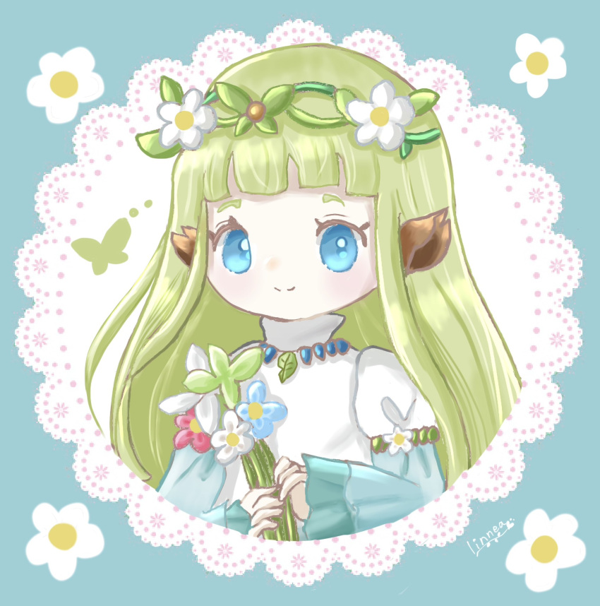 animal_ears, blue_eyes, dress, fantasy_life, fantasy_life_i:_the_girl_who_steals_time, flower, green_hair, hair_flower