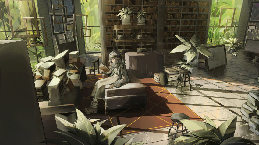 1girl, absurdres, blue_eyes, book, book_stack, bookshelf, boots, brown_boots, brown_hair, day, dress, grey_hat, grey_scarf, hat, highres, holding, holding_book, indoors, long_dress, long_hair, marcus_(reverse:1999), meong02, mole, mole_under_eye, monitor, newsboy_cap, open_book, picture_frame, plant, potted_plant, profile, reading, reverse:1999, scarf, scenery, sitting, socks, solo, table, tile_floor, tiles, too_many, too_many_books, white_dress, white_socks, wide_shot, window