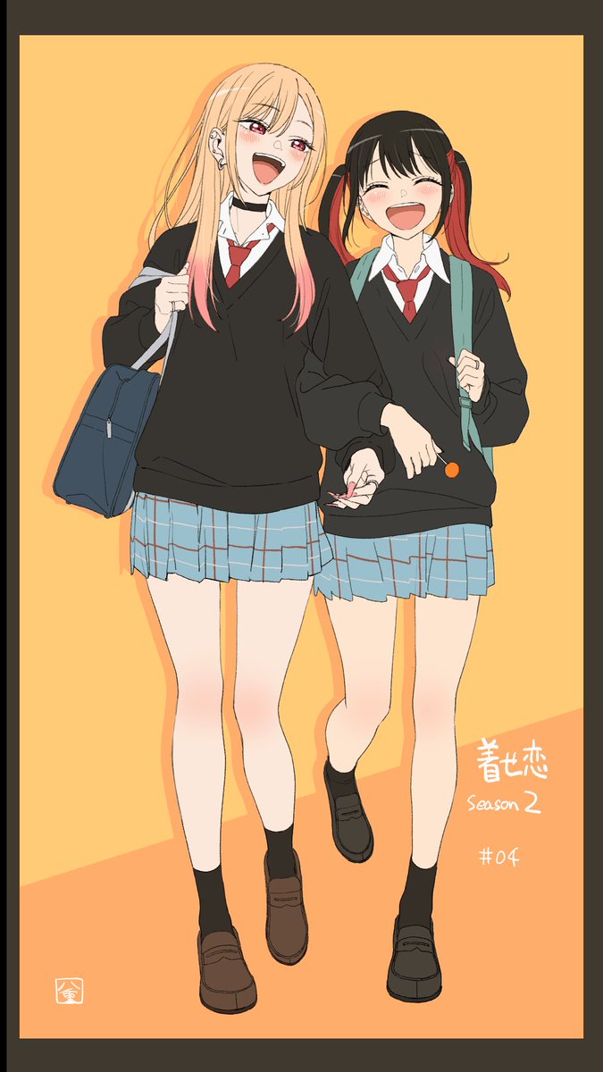 2girls, black_border, black_hair, black_sweater, blonde_hair, blue_skirt, blush, border