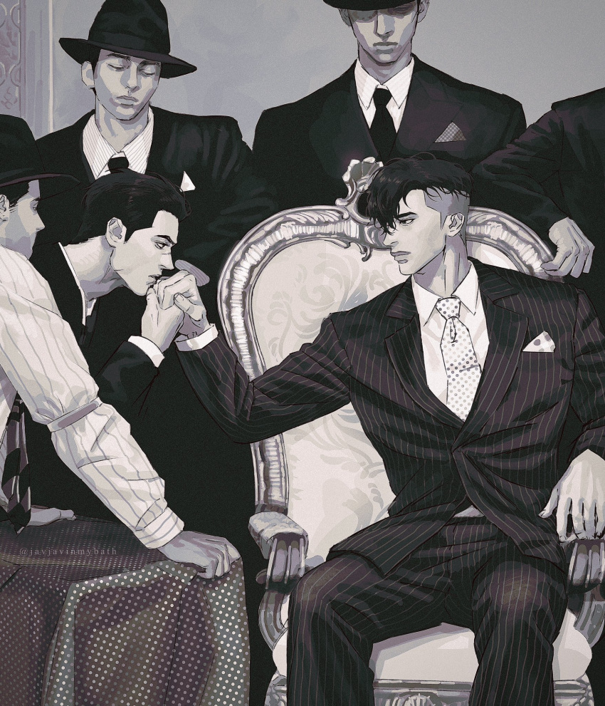 black_hair, chair, everyone, fedora, greyscale, hat, highres, kim_gimyung