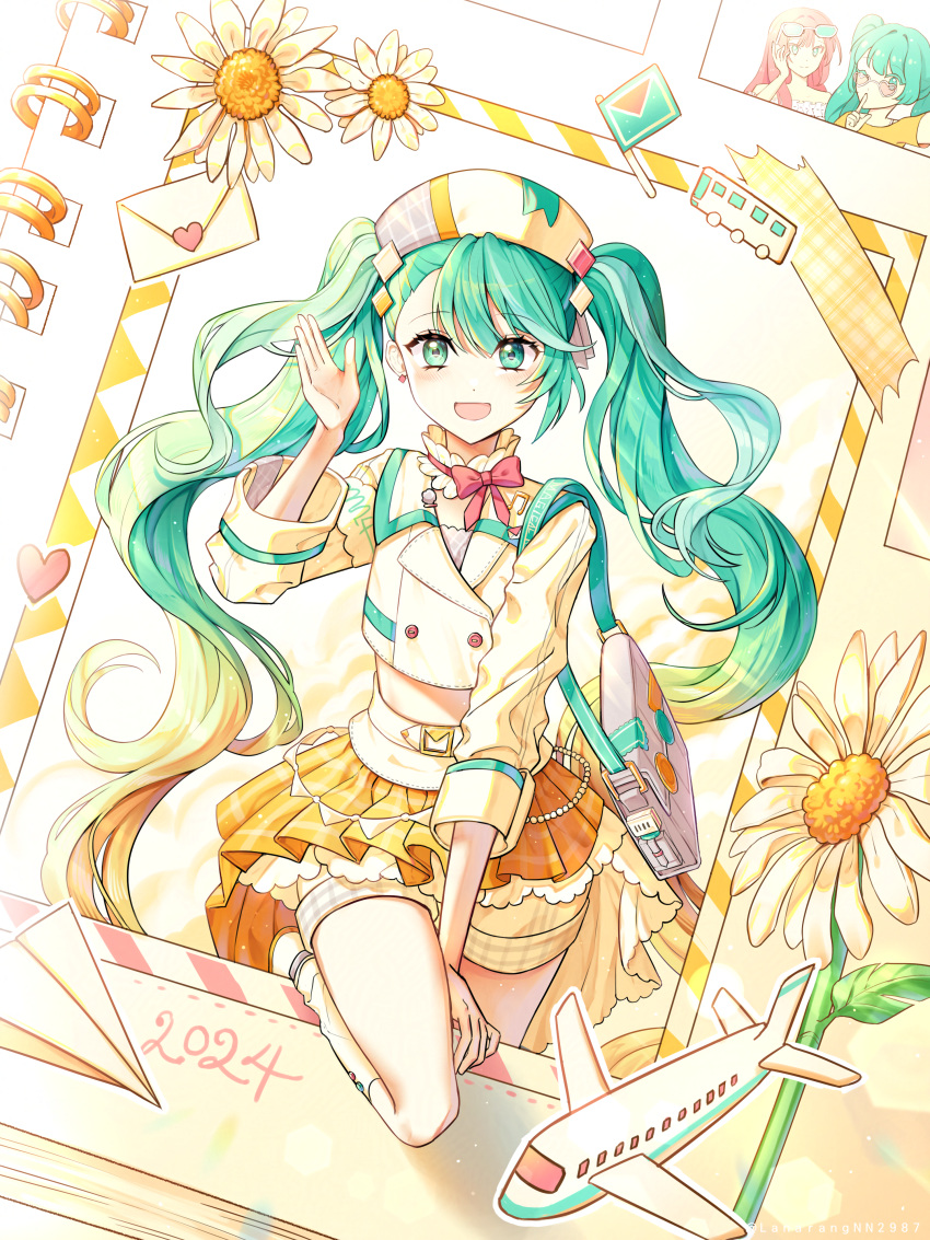 2girls, absurdres, aqua_eyes, aqua_hair, bag, belt, beret, blonde_hair
