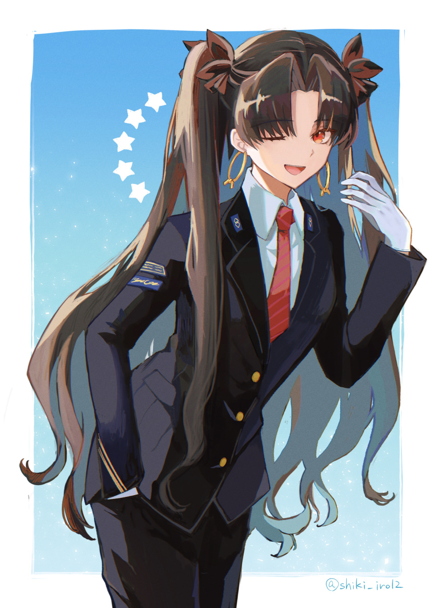 1girl, :d, black_hair, black_pants, black_suit, braid, braided_ponytail, breasts