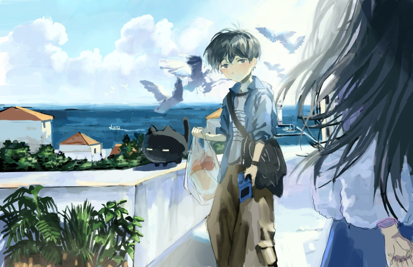 1boy, 1girl, bag, bag_charm, bird, black_eyes, black_hair, blue_jacket