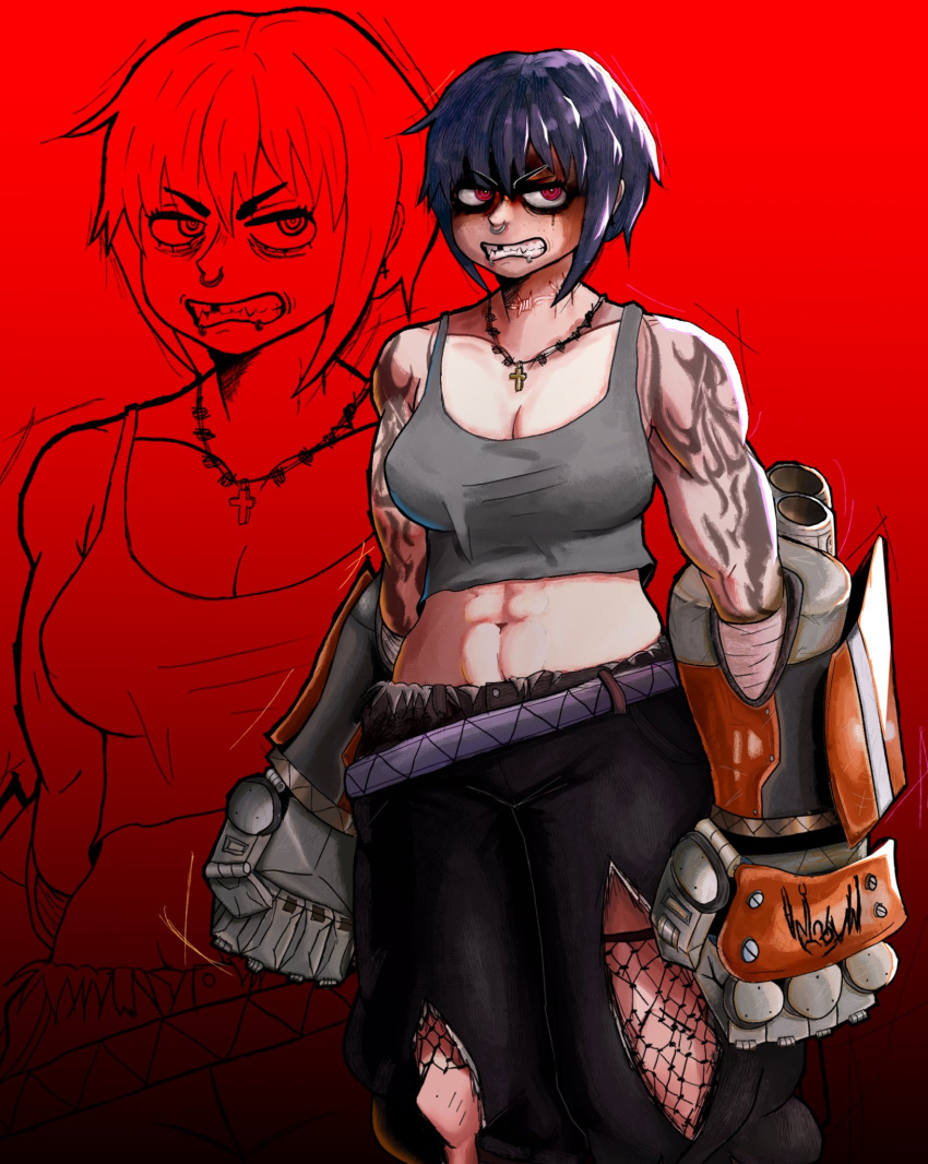 1girl, abs, angry, arm_tattoo, baggy_pants, barbed_wire, breasts, collarbone, cross, face_piercing, fishnets, grease_(mechanical), grey_shirt, grey_tank_top, highres, jewelry, large_breasts, lip_piercing, mechanical_hands, missing_tooth, muscular, muscular_female, navel, neck_tattoo, necklace, nose_piercing, open_mouth, original, pants, piercing, purple_hair, quebin_tijuana, red_background, red_eyes, shirt, short_hair, shoulder_tattoo, solo, tank_top, tattoo