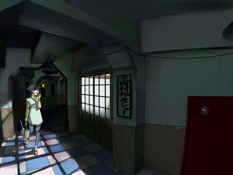 blush, brown_hair, bucket, checkered, checkered_floor, hallway, head_scarf, original
