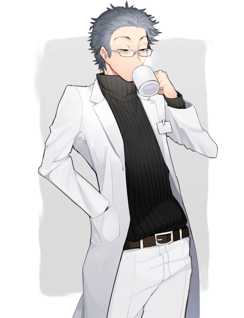 1boy, absurdres, belt, black_eyes, black_sweater, coat, cup, drinking