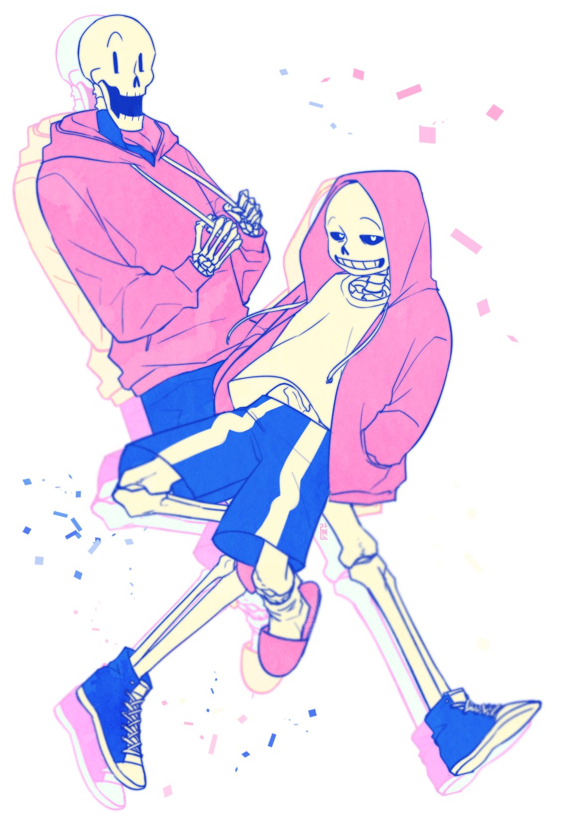 2016, 2boys, 2d, blue_shorts, brothers, digital_media, drawstring, duo, full_body, hands_in_pockets, height_difference, hood, hood_down, hood_up, hooded_jacket, hoodie, humanoid, jacket, lazuen01, limited_palette, male, male_focus, male_only, monster, monster_boy, multiple_boys, open_clothes, open_jacket, papyrus_(undertale), pink_hood, pink_jacket, pink_slippers, sans_(undertale), shirt, shorts, siblings, simple_background, skeleton, slippers, sneakers, socks, striped_shorts, teeth, undead, undertale, utdr_(toby_fox), vertical-striped_clothes, vertical-striped_shorts, white_background, white_shirt, white_socks, white_stripes
