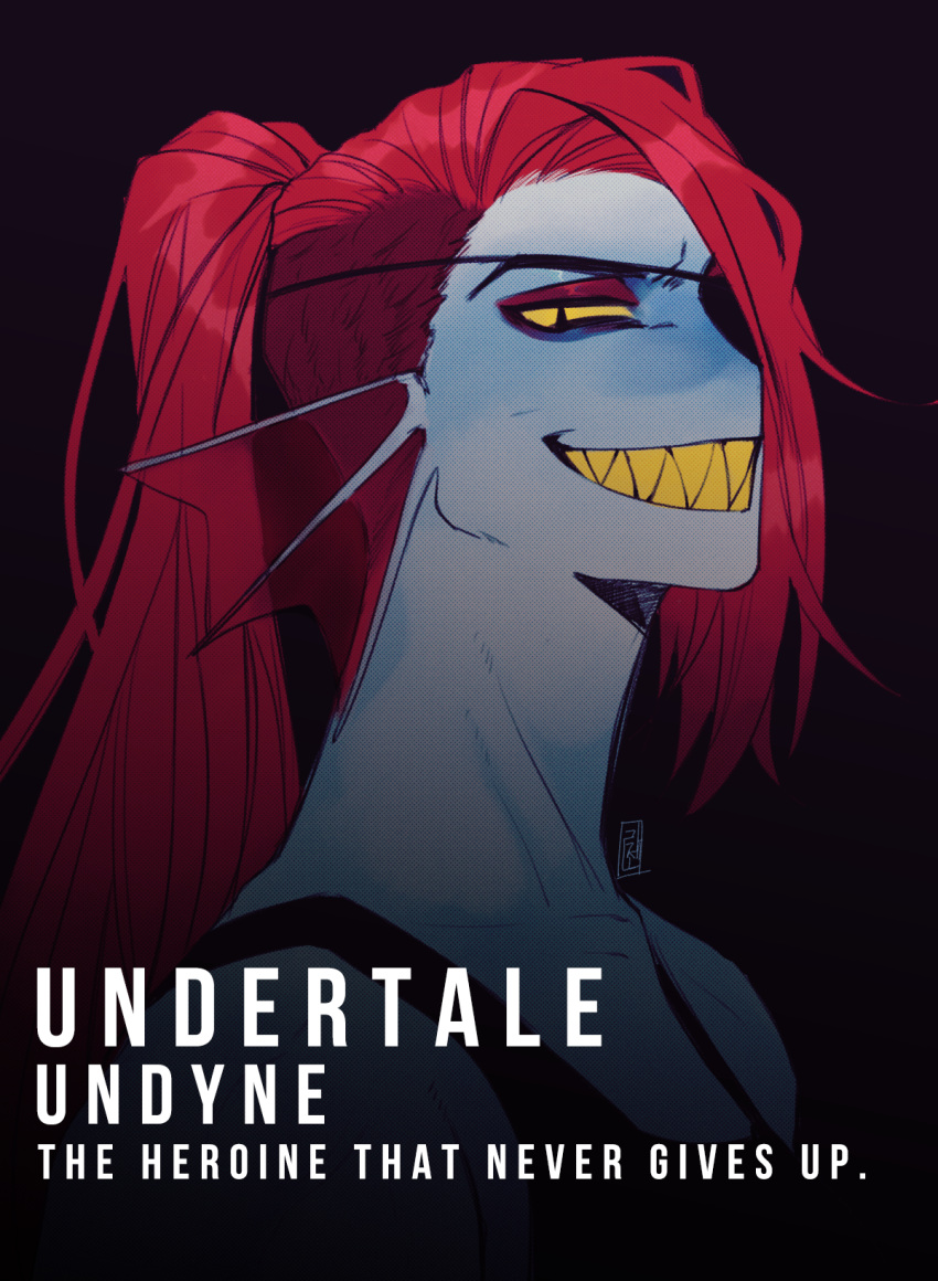 1girl, 2020, 2d, anthro, black_background, black_eyepatch, black_tank_top, blue_skin, character_name, colored_sclera, colored_skin, colored_teeth, copyright_name, dark_background, digital_media, ear_fins, english_text, eyepatch, female, fins, fish, fish_girl, grin, head_fins, high_ponytail, highres, lazuen01, long_hair, monster, monster_girl, ponytail, portrait, red_hair, sharp_teeth, simple_background, slit_pupils, smile, solo, tank_top, teeth, text, undertale, undyne, utdr_(toby_fox), yellow_sclera, yellow_teeth