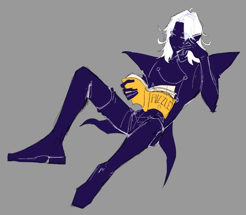 1boy, 2024, 2d, androgynous, blue_shorts, blue_skin, book, commentary, deltarune, digital_media, english_commentary, grey_background, humanoid, long_hair, male, male_focus, male_only, rouxls_kaard, shorts, simple_background, sketch, solo, themidnightsunset, uniform, utdr_(toby_fox), white_hair